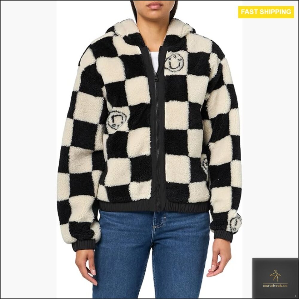 Relaxed Teddy Bomber Jacket Aviator Style Checkered Pattern Fall Casual Wear